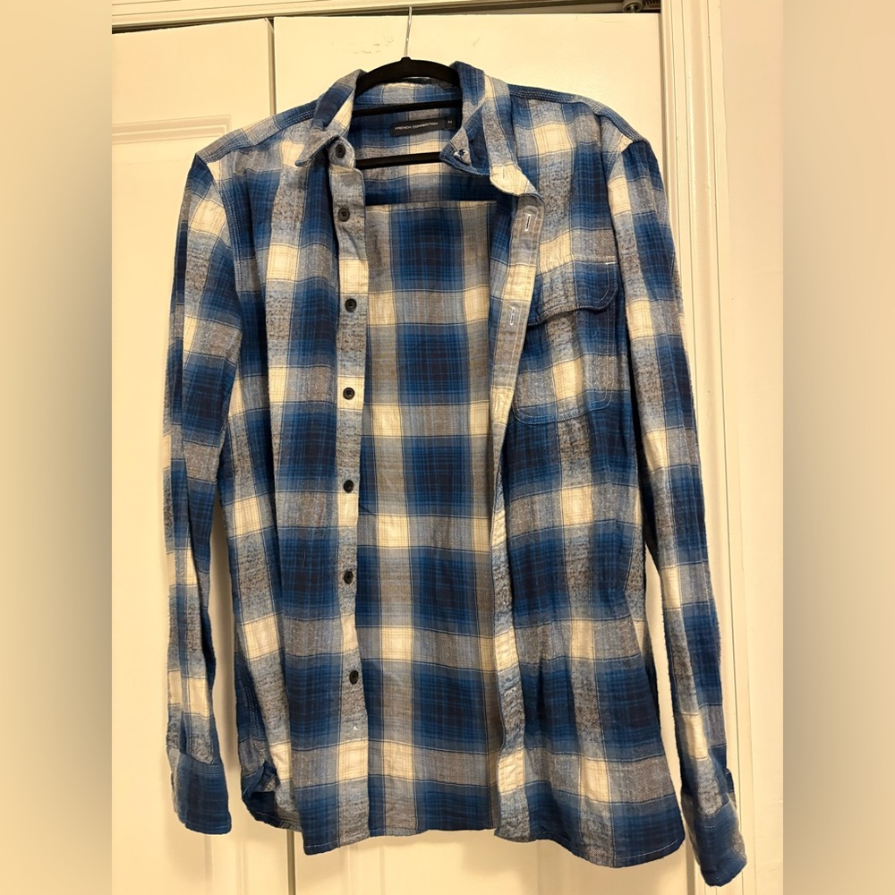 French Connection Blue and White Plaid Men's Shirt